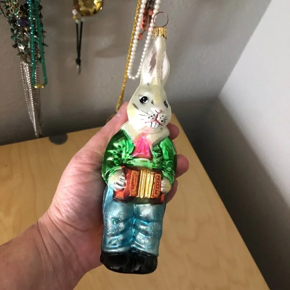 Vintage Christopher Radko ACCORDIAN BUNNY Ornament Rabbit Easter Bunny 6”